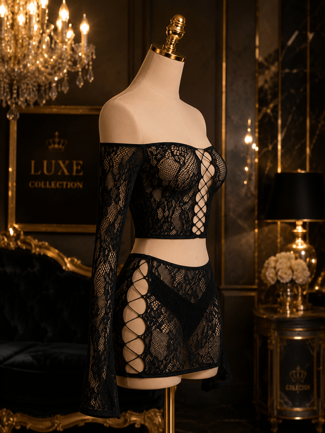 The Nyvra Mystique Lace Lounge Set featuring a lace-trimmed top and matching pants in soft, elegant fabric.