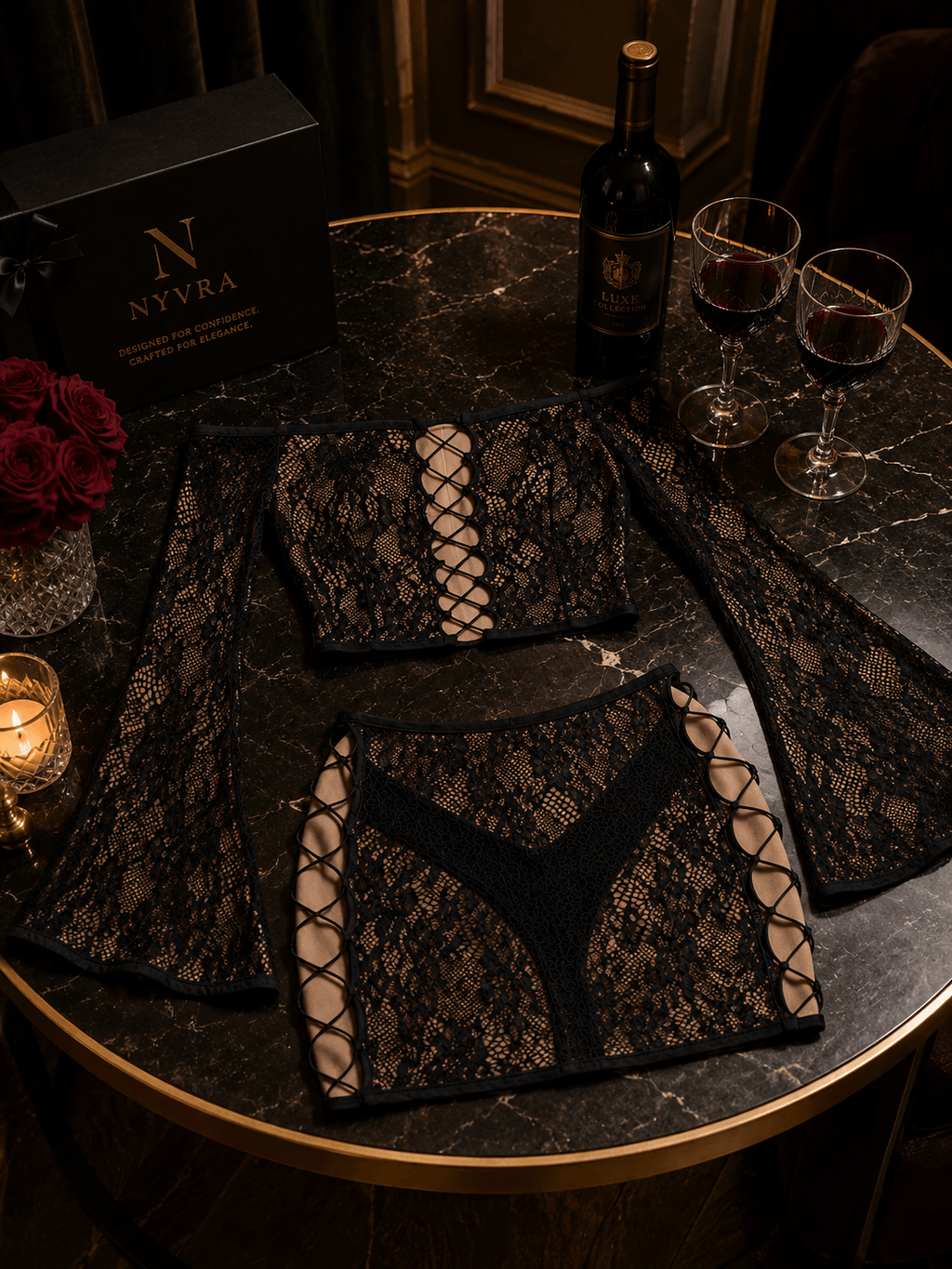 The Nyvra Mystique Lace Lounge Set featuring a cozy lace top and matching pants in soft, elegant fabric.