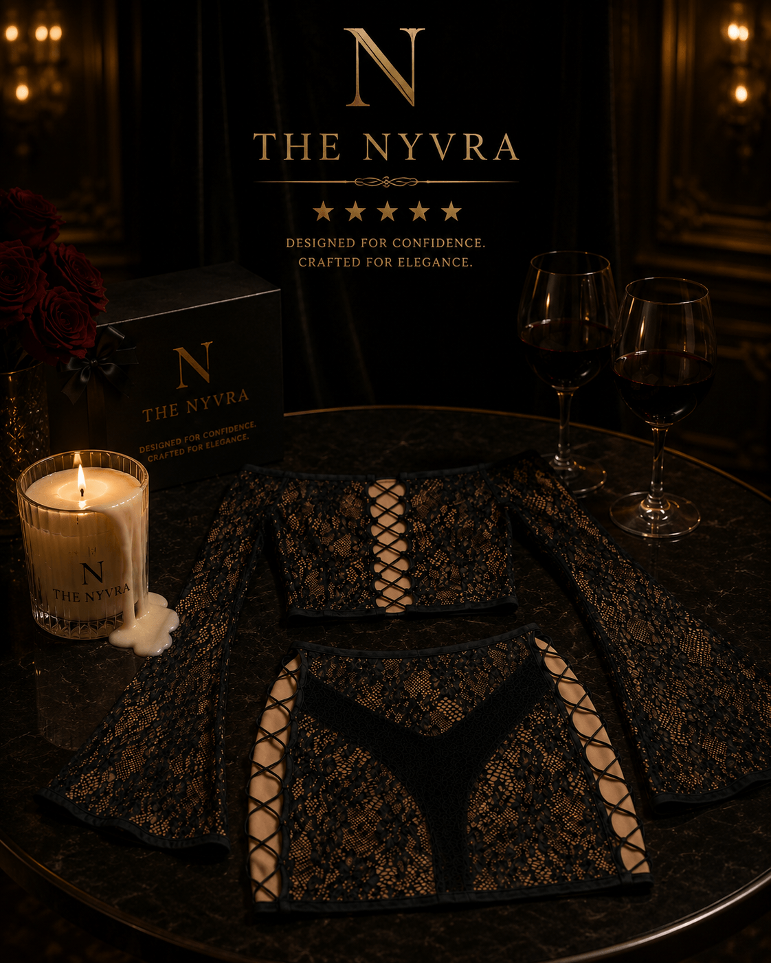 The Nyvra Mystique Lace Lounge Set featuring a delicate lace top and matching bottoms, perfect for comfortable stylish wear.