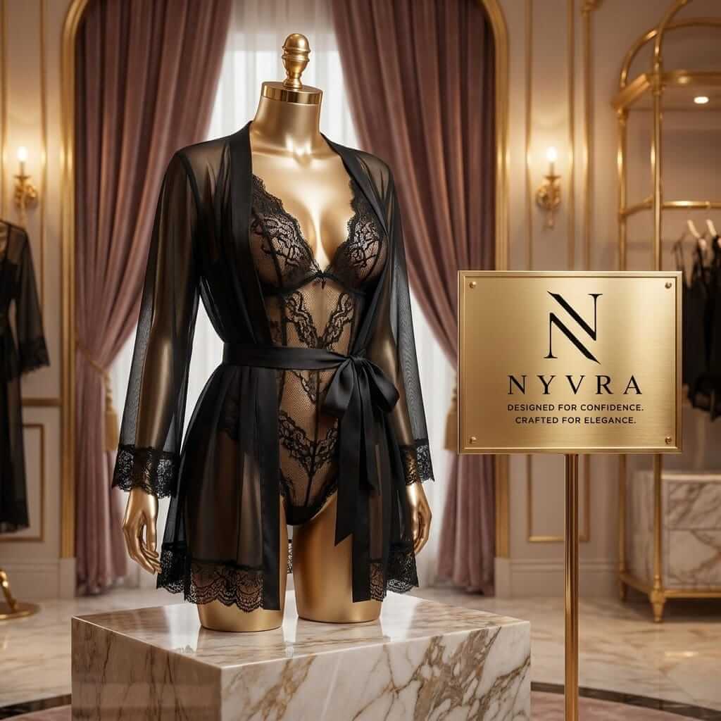 Nyvra Midnight Allure sheer lace robe set featuring delicate lace fabric and elegant design, perfect for luxurious loungewear.