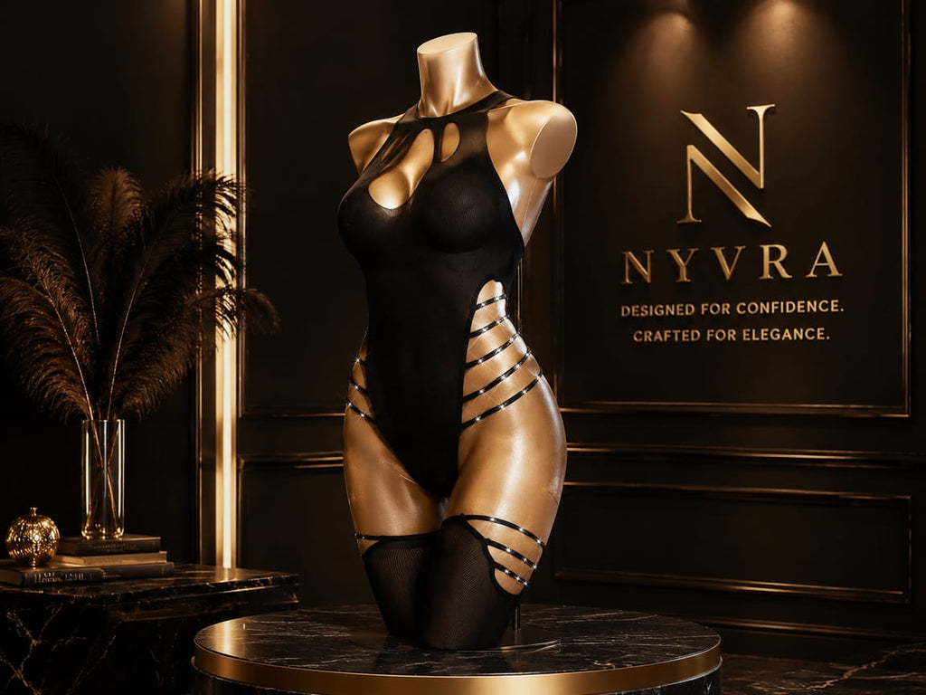 Black Nyvra Ravishing Noir bodysuit with long sleeves and intricate lace detail, fitted and stylish for elegant wear.